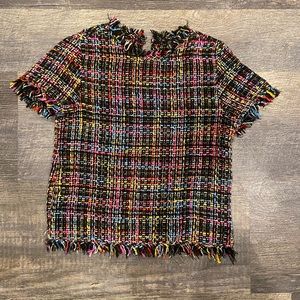 Zara Basic Collection Frayed Tweed Top Multi-Color